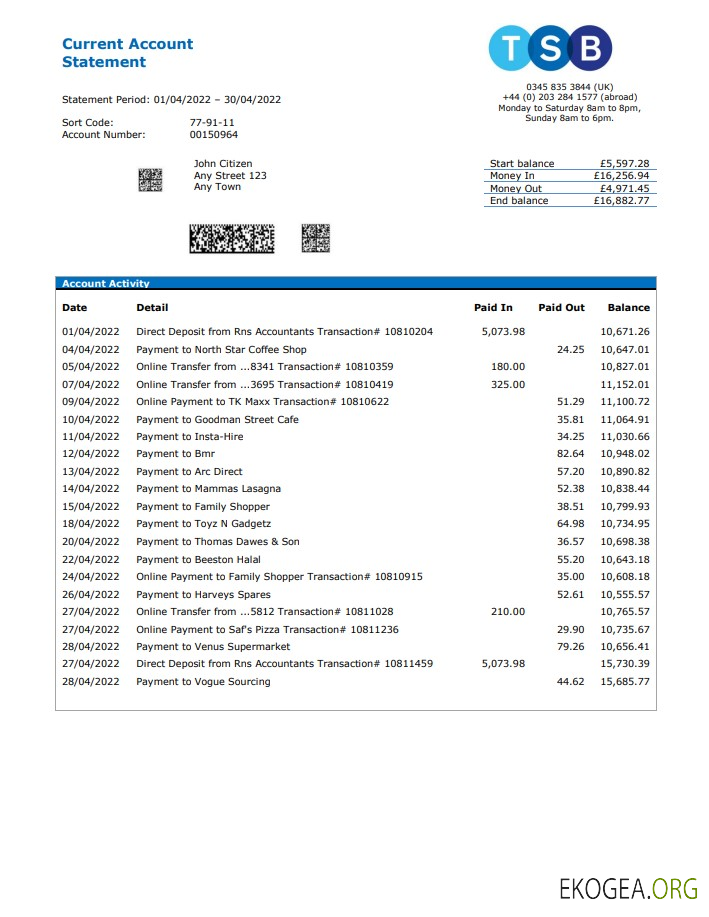 Relevé bancaire du TSB du Royaume Uni, modèle Word et PDF